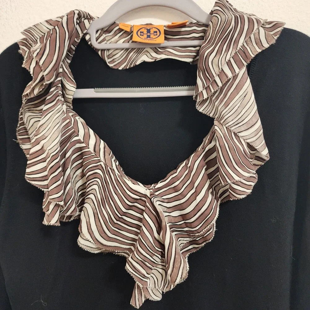 Tory Burch Black Merino Wool Silk Ruffle Neck Long Sleeve Sweater Size‎ M